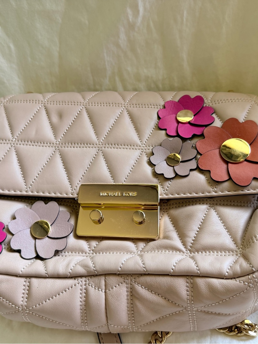 Michael Kors Cream Quilted Shoulder Bag with Pink and Brown Floral Appliqués